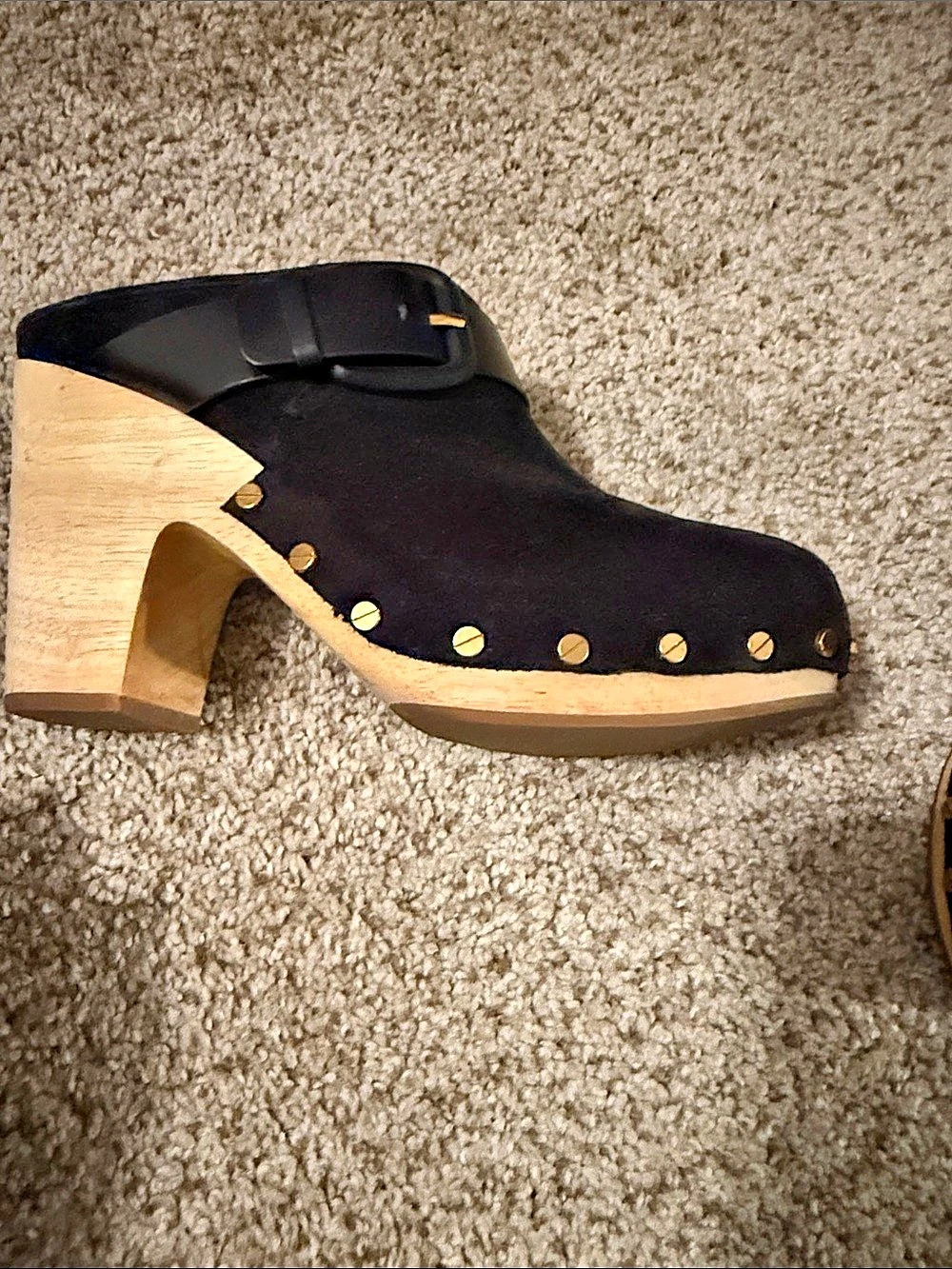Veronica Beard Black Studded Wood Heel Mules